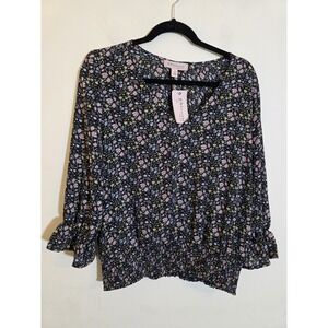 NWT Philosophy Black Floral V-Neck Blouse with Pink & Green Accents